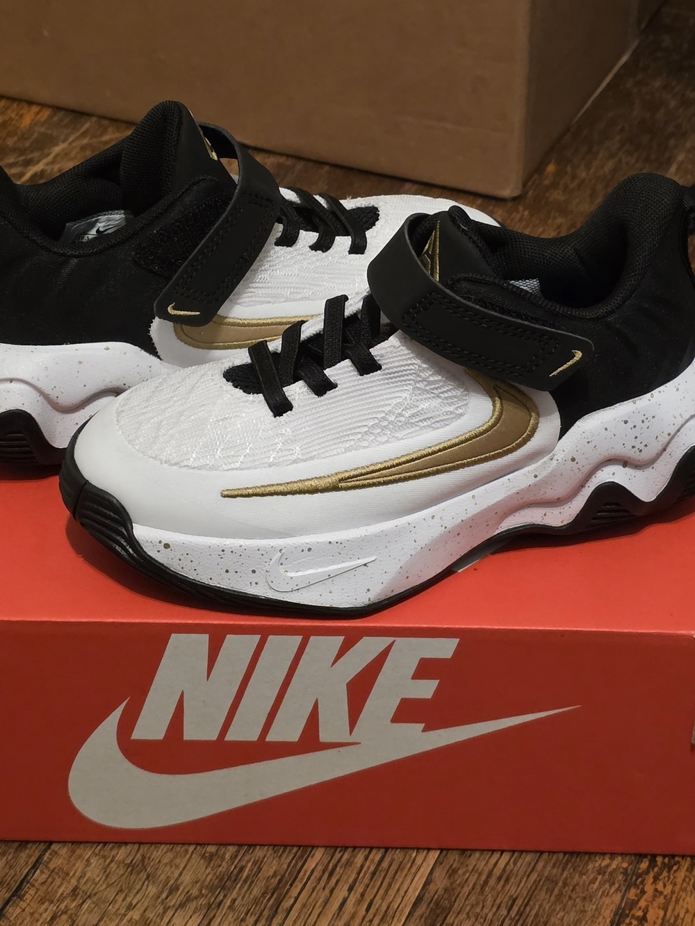 Nike Kids White, Black & Gold Velcro Sneakers